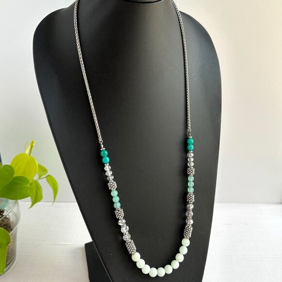 1980s Faux Jade & Glass Bead Necklace With Silver-Tone Chain 34" Long - Picture 2 of 6